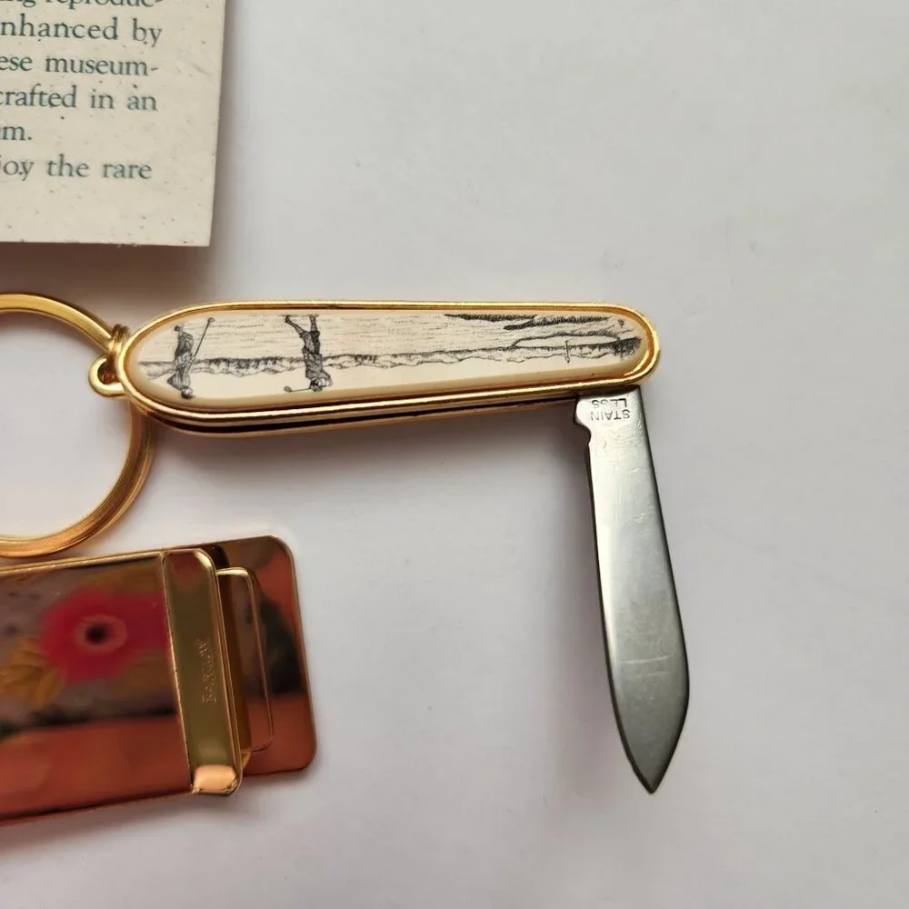 Vintage Barlow Designs Gold Money Clip and Keychain Set With Golfer Design